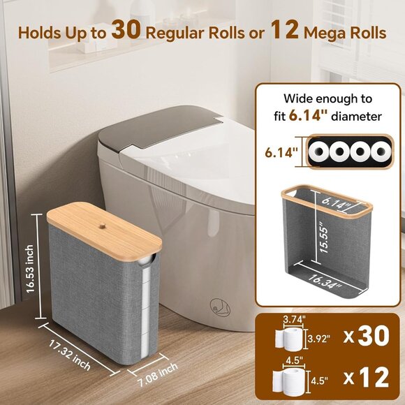 Toilet Paper Storage w/Bamboo Lid, 33.8L Foldable Toilet Paper Basket Organizer - Picture 2 of 7
